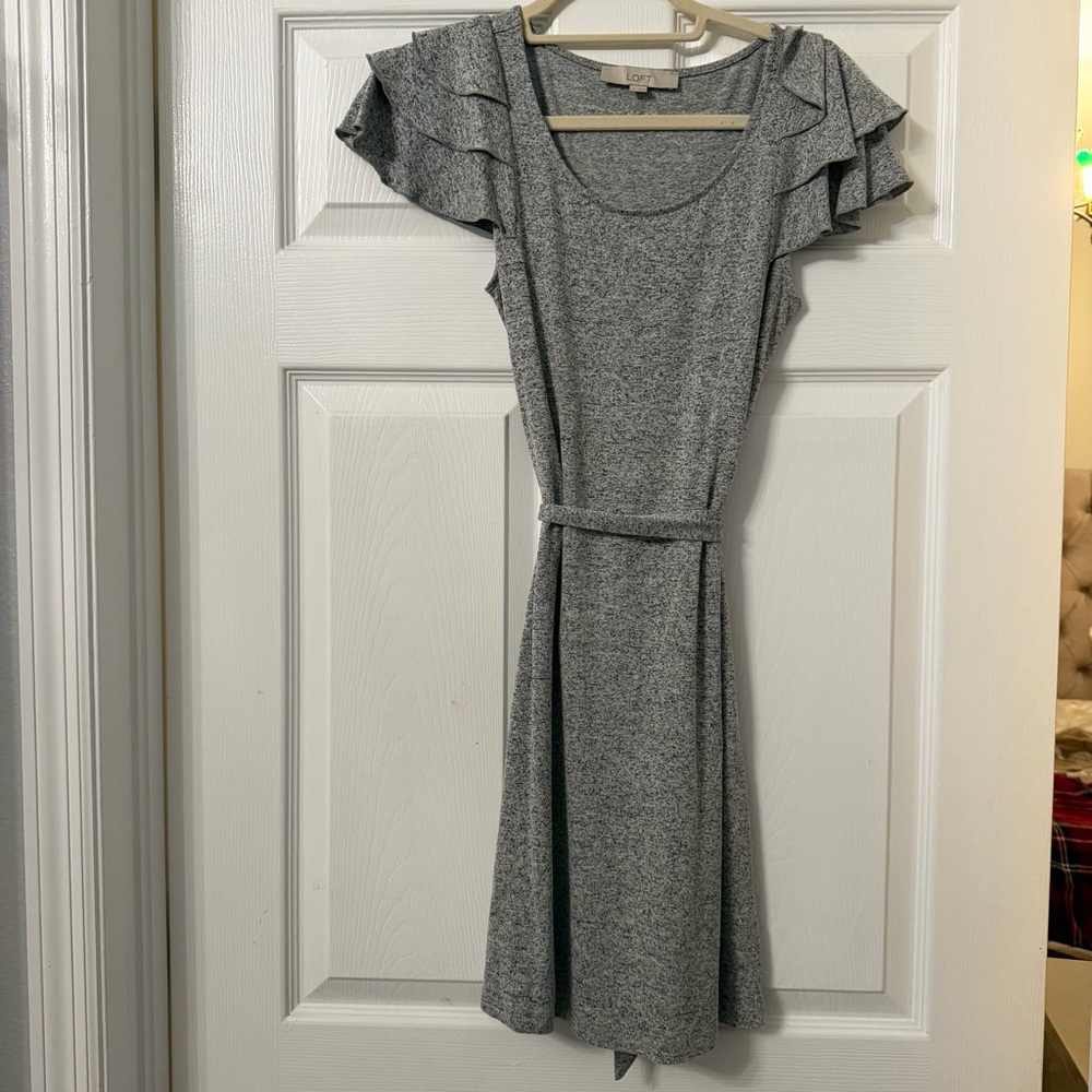 LOFT Heather Gray Midi Dress with Ruffle Sleeves
